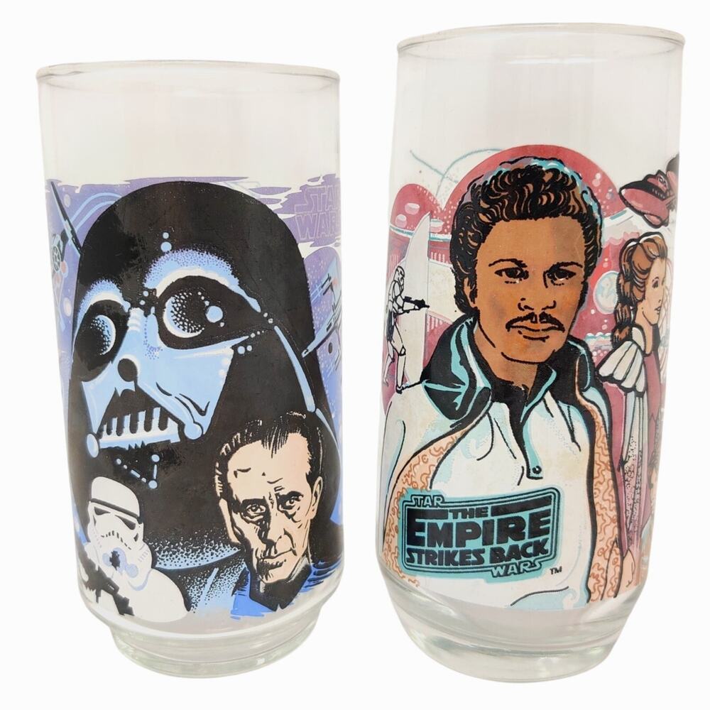 2x Burger King Star Wars Glasses 1977 Darth Vader 1980 Empire Strikes Back Lando